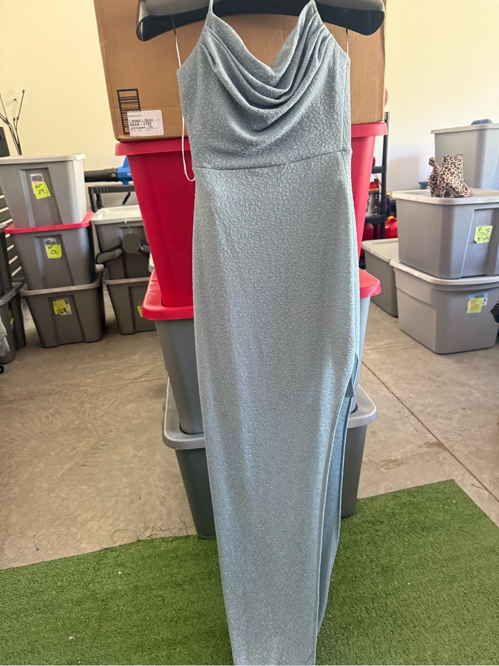 Metallic Light Blue Cowl Neck Evening Dress 95